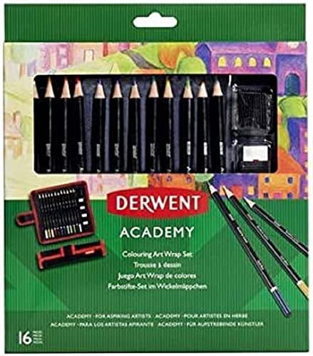 Derwent Academy Set Per Colorare Da 16 Pezzi, 12 X Matite Colorate, 1 X Temperino, 2 X Gomme Per Cancellare, 1 X Astuccio Arrotolabile