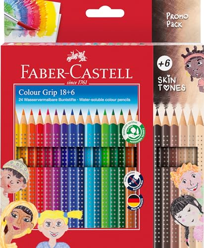 Faber-Castell 112819 - Set Di Matite Colorate Colour Grip, 24 Pezzi, Con 6 Matite Colorate Color Pelle