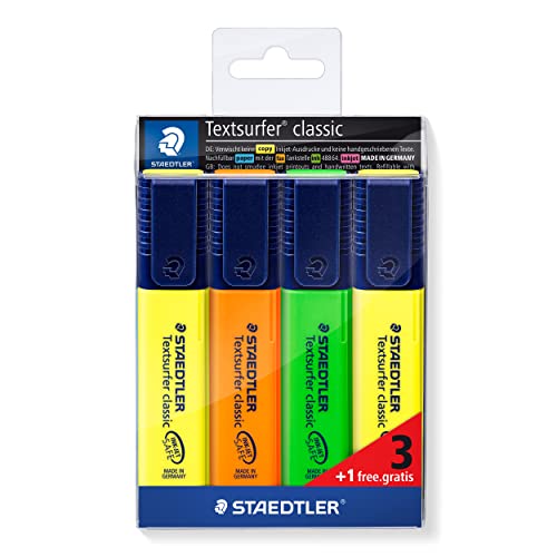 Staedtler Textsurfer Classic 364-S Wp4P - Estuche Promocional Con 3 Marcadores Fluorescentes En Colores Surtidos + 1 Marcador Fluorescente Color Amari