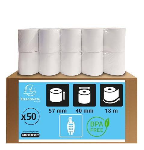 Exacompta 40339De - Confezione Da 50 Rotoli Di Carta Termica Ec-Cash, 1 Strato, Larghezza: 57 Mm, Lunghezza 18 M, Diametro: 12 Mm, Testo Di Addebito D