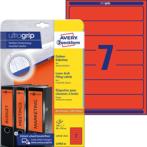 Avery Zweckform L 4762-20, Etichette Per Raccoglitori, 20 Fogli A4, Per Raccoglitore Ad Anelli Sottile, Come Leitz, Elba, Esselte, Mehle, Herlitz E Be