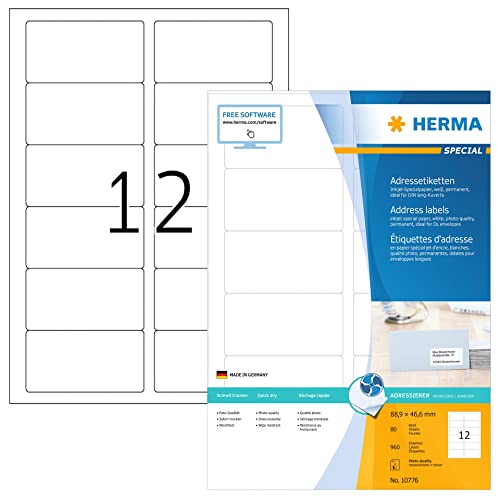 Herma 10776 - Adesivi Per Indirizzi Per Stampanti A Getto D'Inchiostro, Formato Din A4 (88,9 X 46,6 Mm, 80 Fogli, Carta Opaca), Autoadesivi, Stampabil