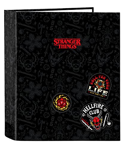 Safta Stranger Things - Cartella A 4 Anelli, Ideale Per Bambini Di Diverse Età, Comoda E Versatile, Qualità E Resistenza, 27 X 6 X 33 Cm, Colore: Nero