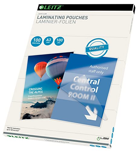 Leitz 16919 Fogli Per Le Bevande Calde Fino A-Plastificatrice Per A3, Quality (2 X 100 Micron), Confezione Da 100, Transparente
