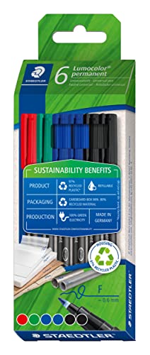Staedtler Penna Universale Permanente Lumocolor, Impermeabile, Ricaricabile, Inodore, Larghezza Linea 0,6 Mm, Plastica Riciclata, Lunga Durata, 6 Penn