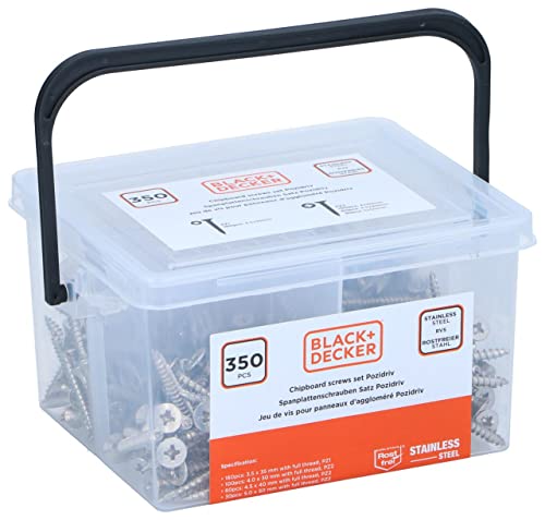 Black+Decker Viti Per Truciolato – Set Di Viti 350 Pezzi – Ø 3,5 X L35/Diametro 4 X L30/Diametro 4,5 X L40/Diametro 5 X L50 – Acciaio Inox – Argento