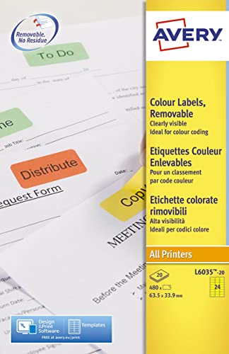 Avery Coloured Labels Laser 24 Per Sheet 63.5X33.9Mm Yellow Ref L6035-20 [480 Labels]