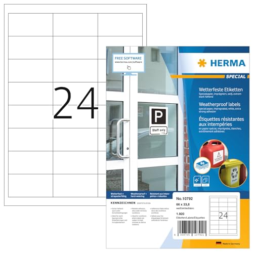 Herma 10792 Etichette Impermeabili Impregnate, 80 Fogli, 66 X 33,8 Mm, 24 Pezzi Per Foglio A4, Adesivi 1920, Autoadesivi, Stampabili, Opachi, Per Este