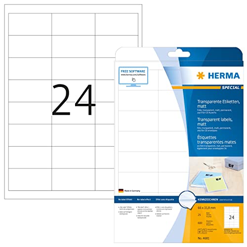 Herma Etichette Per Indirizzi, 66 X 33,8 Mm, Etichette Adesive A4 Per Stampante, 24 Etichette Per Foglio, Trasparente