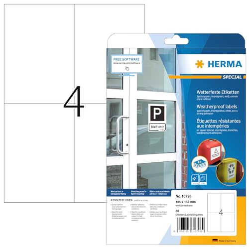 Herma 10796 - Etichette Resistenti Alle Intemperie, 20 Fogli, 105 X 148 Mm, 4 Fogli Per A4, 80 Adesivi, Stampabili, Opache, Per Esterni, In Carta Spec