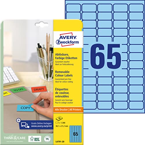 Avery Zweckform-Etichette Rimovibili, 38,1 X 21,2 Mm, Ad Inchiostro/Laser/Fotocopiatrici, Colore: Blu, 1300 Pezzi