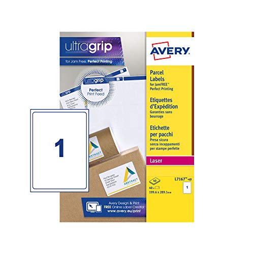 Avery Addressing Labels Laser Jam-Free 1 Per Sheet 199.6X289.1Mm White Ref L7167-40 [40 Labels]