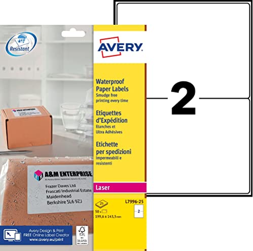 Avery - 50 Etichette Di Spedizione Impermeabili E Ultra Aderenti Laser Bianco 199,6 X 143,5 Mm