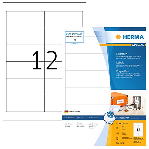 Herma 10781 - Adesivi Per Indirizzi Per Stampanti A Getto D'Inchiostro, Formato Din A4 (97 X 42,3 Mm, 80 Fogli, Carta Opaca), Autoadesivi, Stampabili,