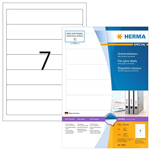 Herma Etichette Per Raccoglitori, 192 X 38 Mm, Etichette Adesive A4 Per Stampante, 7 Etichette Per Foglio, Bianco