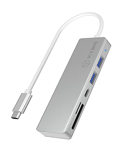 Icy Box Hub Usb-C A 3 Porte E Lettore Di Schede Per Sd E Microsd,3 X Usb 3.0, Porta Usb 3.0, In Alluminio, Cavo Integrato, Argento/Bianco