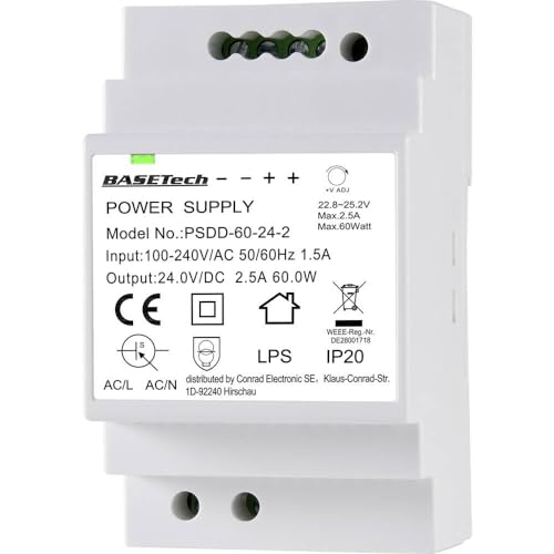 Basetech Psdd-60-24-2 Alimentatore Per Guida Din 24 V 2.5 A 60 W Num. Uscite:2 X Contenuto 1 Pz.
