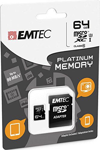 Emtec 64 Gb Microsdxc Platinum Memoria Flash 64 Gb Classe 10 Uhs-I (64 Gb, Microsdxc, Classe 10, Uhs-I, 80 Mb/S, Nero