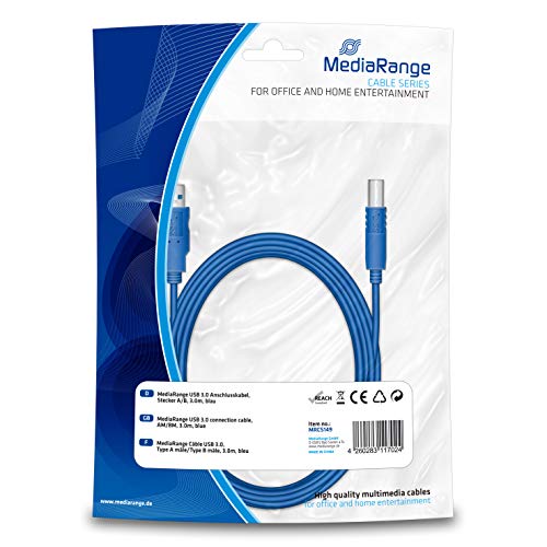 Mediarange Mrcs149 3M Usb A Usb B Male Male Blue Usb Cable - Usb Cables (3 M, Usb A, Usb B, 3.0 (3.1 Gen 1), Male/Male, Blue)
