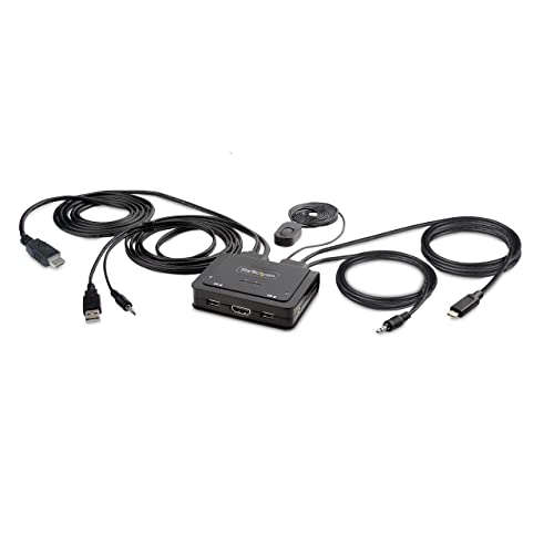 Startech.Com Kvm Switch Usb C E Hdmi A 2 Porte 4K 60Hz, Kvm Compatto Con Cavi Integrati Usb-A/Hdmi/Audio Da 1,8M E Usb-C Da 1,2M, Alimentato Via Cavo
