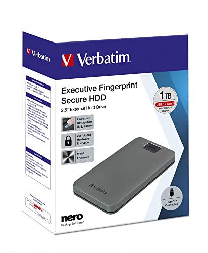Verbatim Executive Fingerprint Secure Hdd - 1 Tb - Grigio - Disco Rigido Esterno Con Lettore Di Impronte Digitali - Usb 3.1 Gen 1 - Per Windows E Mac