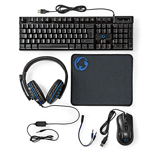 Nedis Kit Combo Di Gioco | 5-In-1 | Tastiera, Cuffia, Mouse E Mouse Pad | Nero | Qwerty | Disposizione Degli Stati Uniti