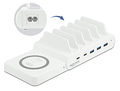 Delock Stazione Di Ricarica Usb 6 In 1 Con Caricatore Wireless, Fino A 6 Dispositivi Contemporaneamente Per Laptop, Smartphone E Tablet, (2 Usb-C Pd +