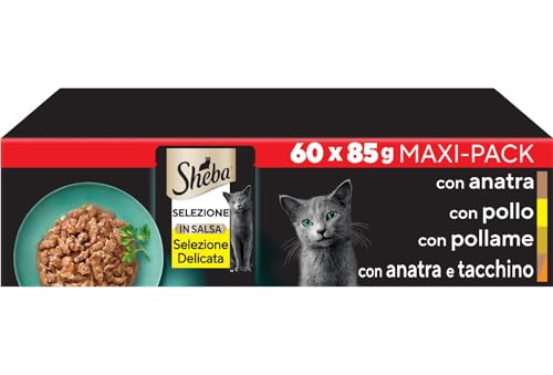Sheba Selezione In Salsa, Pollo, Tacchino, Anatra E Pollame, Cibo Umido Completo Per Gatti Adulti, 60 Bustine Da 85G