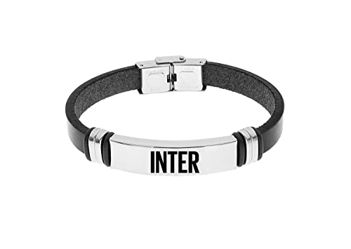 F.C. Internazionale Bracciale Acciaio Pelle, Uomo, Nero Acciaio