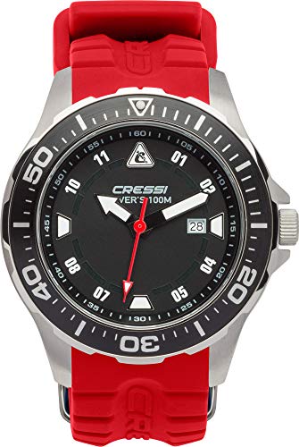 Cressi Manta, Orologio Professionale Subacqueo 100 M/10 Atm, Silver/Nero/Rosso, Taglia Unica