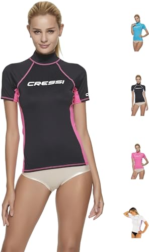 Cressi Rash Guard, Maglia Protettiva A Maniche Corte, In Speciale Tessuto Elastico, Protezione Solare Uv/Upf 50+ Donna, Nero/Rosa, L