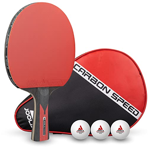 Joola Carbon Speed Racchetta Da Ping Pong Professionale + 3 Palline + 1 Borsa Portable Da Tennis Da Tavolo, Rosso/Nero, 5Pz