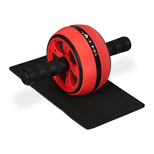 Relaxdays Ruota Per Addominali, Rullo Da Allenamento Con Tappetino, Abs Roller Antiscivolo, Fitness Palestra, Nero Rosso