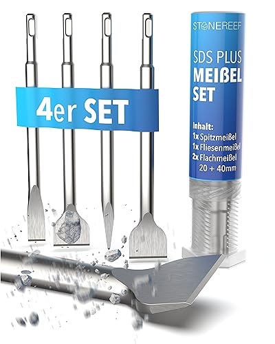 Stone Reef Sds Plus - Set Di Scalpelli [4 Pezzi Con Scalpello Per Piastrelle, Scalpello Sds, Scalpello, Scalpello Piatto, Scalpello, Scalpello Sds, Se