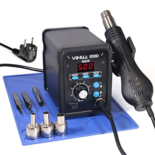 Yihua 959D Stazione Aria Calda Rework Station, 100-500°C Temperatura Regolabile, Potenza Nominale 700W (Eu Plug)