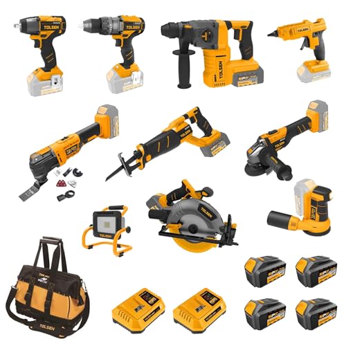 Tolsen Set Di 11 Macchine Elettroutensili Serie Mp20 Brushless + 4 Batterie 4Ah + 2 Caricabatterie 4 Ah
