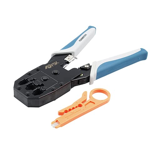 Ferrestock Fskcrd001 Crimpatrice Spelacavi Rj45/Rj11, In Lega Di Zinco, Manico Gommato Per Una Migliore Presa, Con Spelacavi Di Diversi Spessori