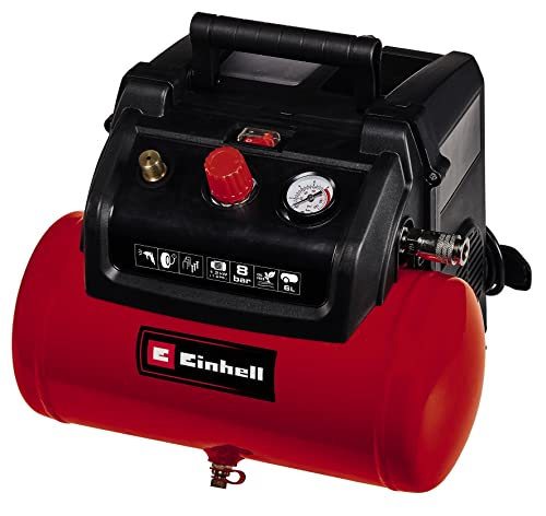 Einhell Compressore Tc-Ac 190/6/8 (1,2 Kw, Max. 8 Bar, Potenza Di Aspirazione 190 L/Min, Serbatoio Da 6 Litri, Pompa Senza Olio, Manometro, Attacco Ra