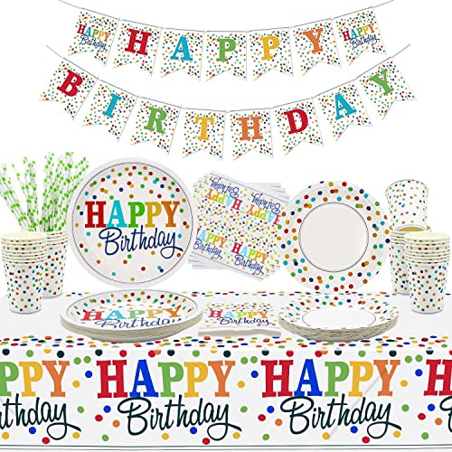 Forniture Per Feste Arcobaleno - Striscione Di Compleanno, Mini Piatti Di Carta A Pois Colorati, Tovaglioli, Bicchieri, Tovaglia E Cannucce Per Decora