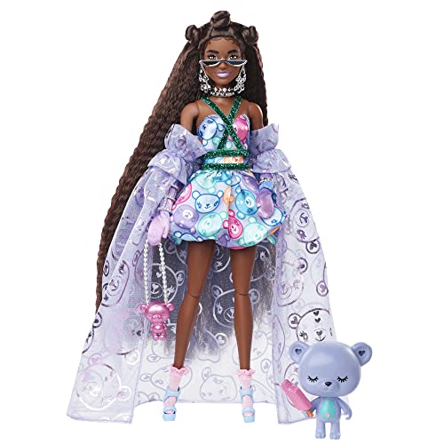 Barbie - Extra Fancy Bambola Con Abito Decorato Con Stampa Di Orsetti E Strascico Velato, Orsacchiotto, Capelli Lunghissimi E Accessori, Snodata, Gioc