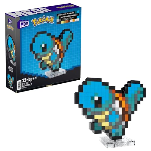 Mega Pokémon Showcase - Squirtle, Set In Stile Retrò Pixelato Da Costruire Con 367 Pezzi, Con Base Piana Per Esporlo E Incisione Sul Retro Per Appende