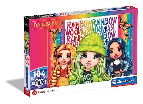 Clementoni- Puzzle Rainbow High 104Pzs Brilliant Supercolor High-104 Pezzi-Made In Italy, Bambini 6 Anni, Cartoni Animati, Brillantini, Multicolore, M