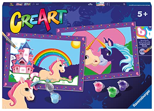 Ravensburger - Creart Serie Junior, Unicorni, Kit Dipingere Con I Numeri, Contiene 2 Tavole Prestampate, Pennello, Colori, Gioco Creativo Per Maschi E