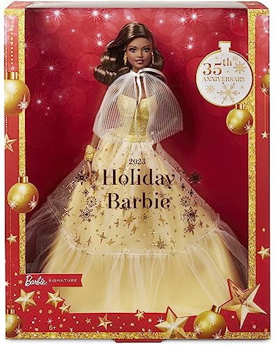 Barbie Signature - Barbie Magia Delle Feste 2023, Bambola Da Collezione Con Capelli Castani Scuri E Abito Dorato, Confezione Da Esporre, Regalo Per Le