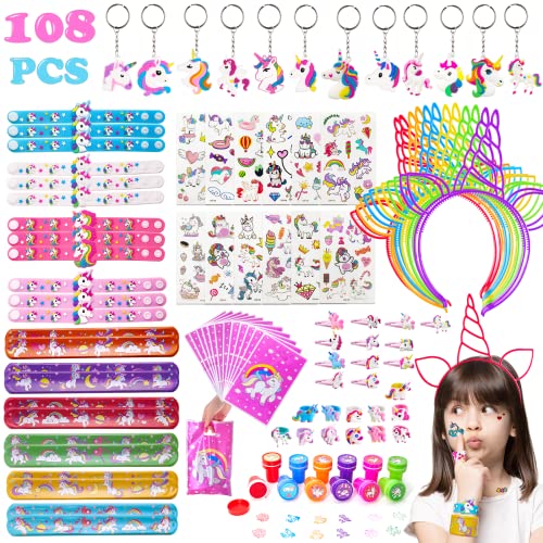 Yocole 108 Pezzi Gadget Unicorno Compleanno Bambina, Regalo, Sacchetti Cerchietto Braccialetti Anello Portachiavi Timbri Tatuaggi Temporanei