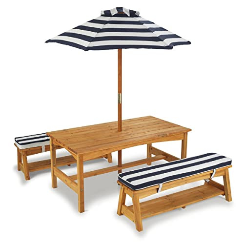 Kidkraft Set Tavolo E Panchine In Legno Per Bambini Con Cuscini E Ombrellone, Mobili Per Giardino E Per Esterno, Strisce Blu Navy E Bianche, 00106