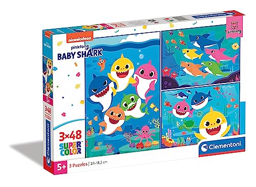 Clementoni - 25261 - Supercolor Puzzle - Baby Shark - 3 Puzzle Da 48 Pezzi - Made In Italy - Puzzle Bambini 4 Anni +