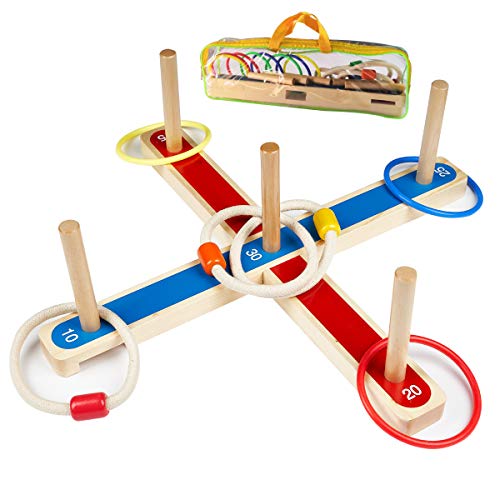 Quoits Gioco Lancio Anelli, Ulifeme Giochi Di Ring Toss Per Bambini E Adulti, 5 Pezzi Corda Di Legno Quoits + 8 Pcs Colorato Anelli Di Plastica Per De