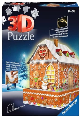 Ravensburger - 3D Puzzle Casetta Di Pan Di Zenzero Night Edition Con Luce, 180 Pezzi, 6+ Anni