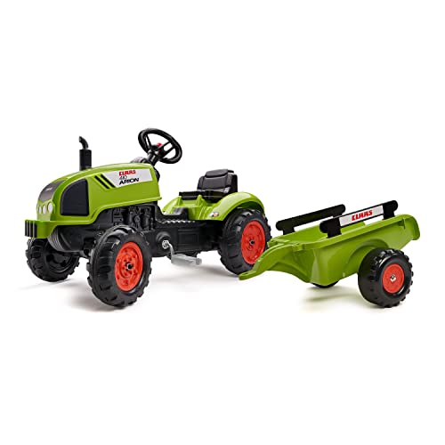 Falk - Claas, Trattore A Pedali Con Rimorchio, Con Volante Direzionale Con Clacson, Prodotto In Francia, A Partire Dai 2 Anni, 2041C, Verde Cachi